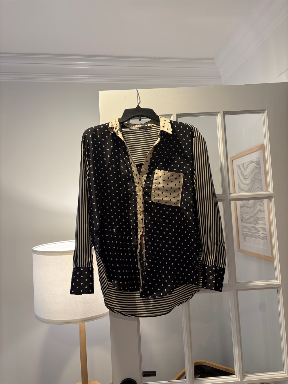 DREW Black and Cream Polka Dot + Stripe Button-Front Blouse